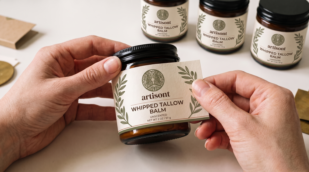 Custom product label design shown on a balm jar
